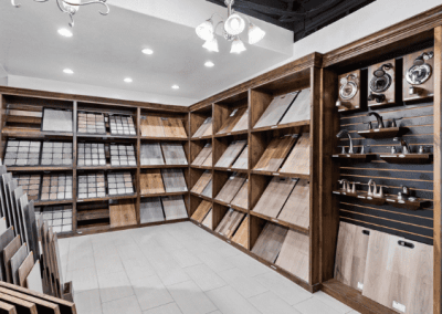 Riding Homes, a custom home builder in Southern Utah Valley, offers a store with shelves full of wood flooring.