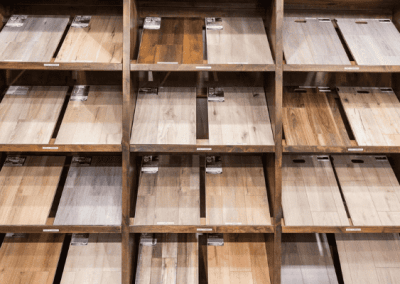 A display of wood flooring samples in a Southern Utah Valley store.