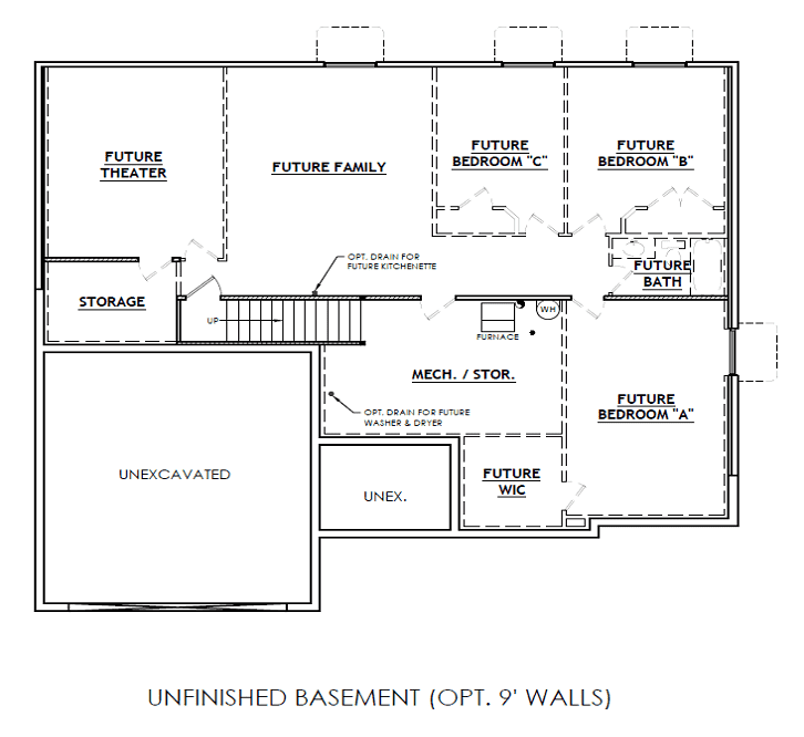 The floor plan for the unfinished basement by Riding Homes, a custom home builder in Southern Utah Valley.