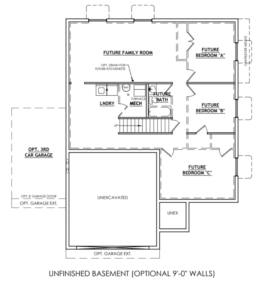 A Riding Homes floor plan for a custom-built, unfinished basement in Southern Utah Valley.
