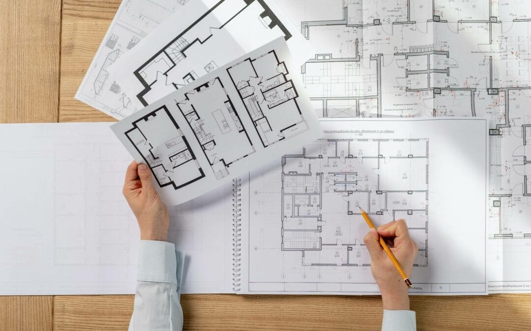 A woman in Southern Utah Valley is working with architectural plans on a wooden table as a Custom Home Builder.